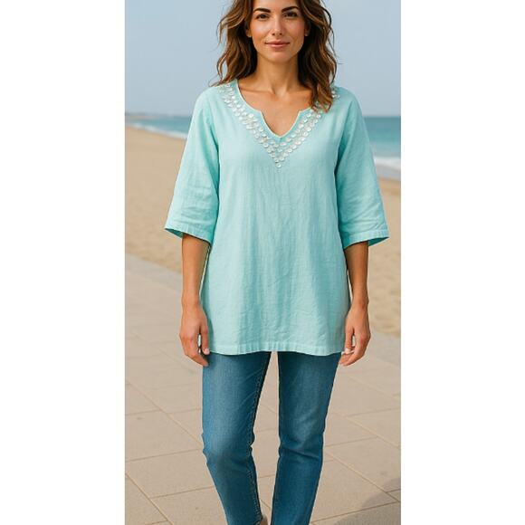 Kim Rogers Shell Embellished Sea Blue Gauze Swim Cover Large - Picture 12 of 12